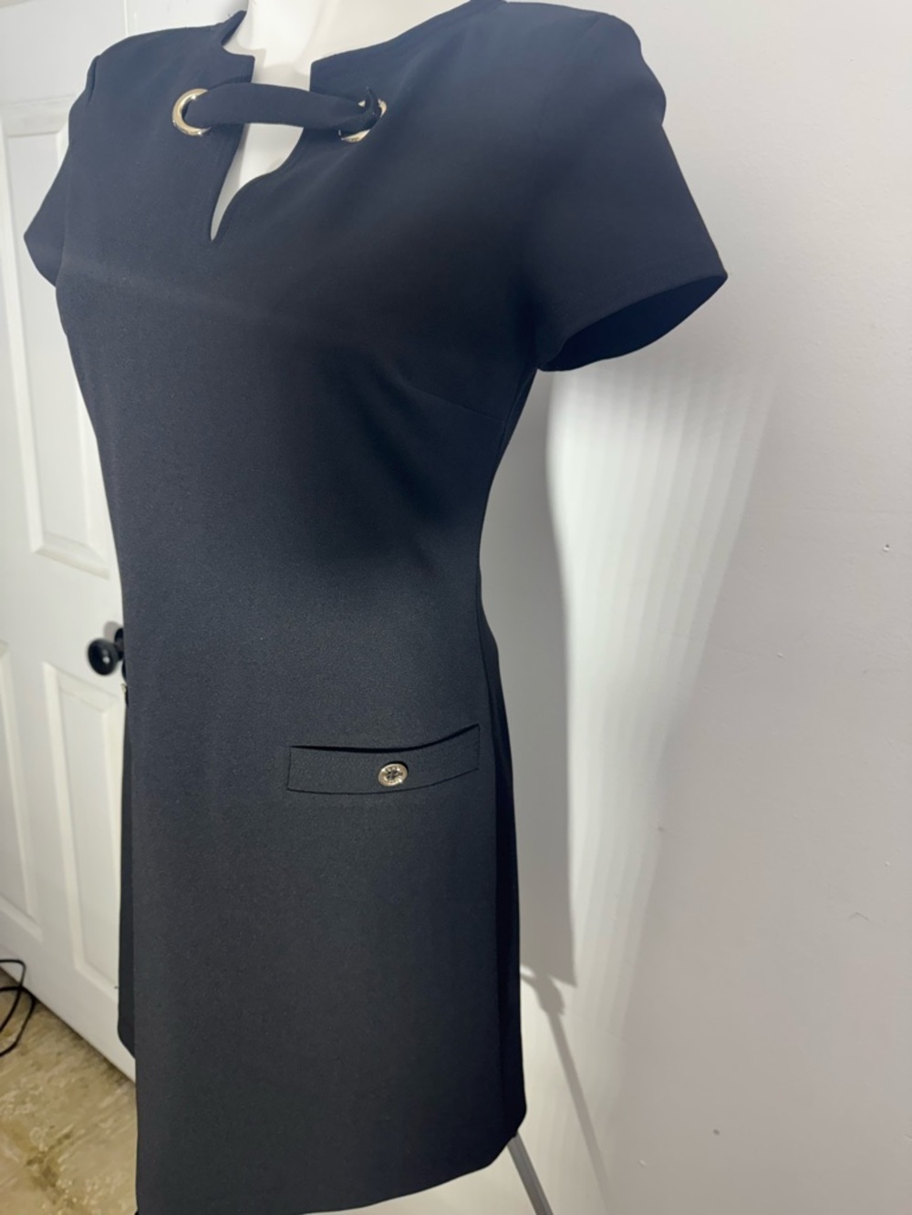 Tommy Hilfiger Black Short-Sleeve Mini Dress with Gold Ring Detail